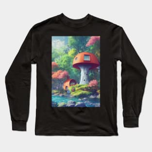 Trippy Mushroom House Digital Art Long Sleeve T-Shirt